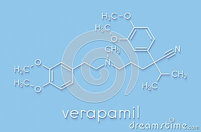 Verapamil calcium channel blocker drug. Mainly used in treatment of hypertension high blood pressure and cardiac arrhythmia . Stock Photo