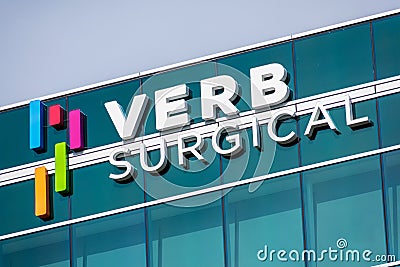 Verb Surgical sign at company headquarters in Silicon Valley, high-tech hub of San Francisco Bay Area Editorial Stock Photo