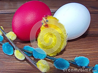 Verba twigs and Easter eggs next to little yellow chick. Colorful Easter eggs - part of the passover meal. Easter Stock Photo