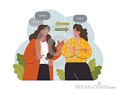 Verbal communication. Interpersonal discussion. Two female character Vector Illustration