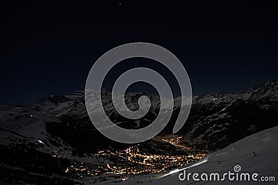 Verbier in the moonlight in winter Stock Photo