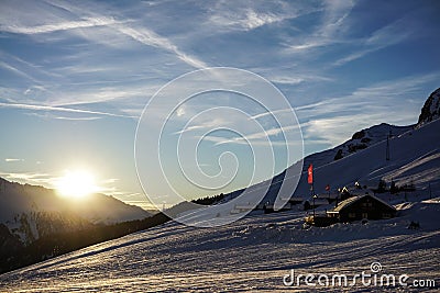 Verbier sunset over the piste Stock Photo