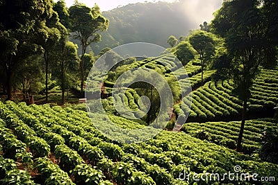 Verdant Coffee Plantation With Rows Of Coffee Bean Trees. Generative AI Stock Photo
