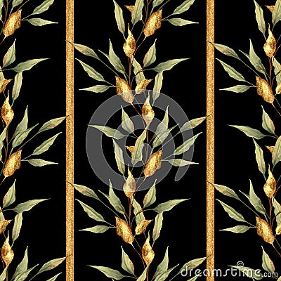 Verical floral pattern. Green and gold leaves on black background. Stock Photo