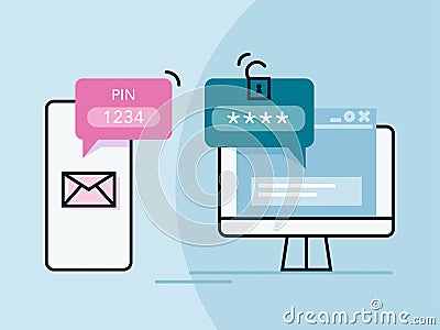 Verification code message. Laptop and smartphone with code. Vector Illustration