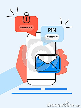 Verification pin code, security code message. Smartphone with e-mail, bubble chat. Verification online in control system Vector Illustration