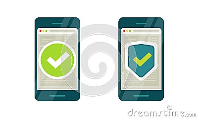 Verification security website on cell phone check mark and secure shield online vector icon, valid verified digital electronic Vector Illustration