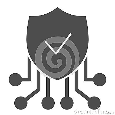 Verified emblem solid icon. Check badge with connections, valid contact symbol, glyph style pictogram on white Vector Illustration