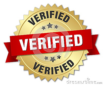 Verified gold badge with red ribbon Vector Illustration