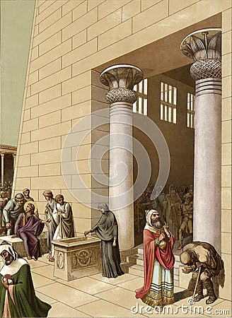 Verily I say unto you, that this poor widow has put in more than all the others in the Treasury. Stock Photo