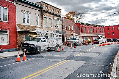 Verizon Cars line the side of the road. Verizon special equipment for Internet debugging Editorial Stock Photo