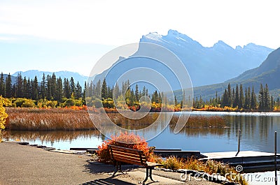 Vermilion lakes landscape in Banff national park with view of the Sulphur mountain Stock Photo