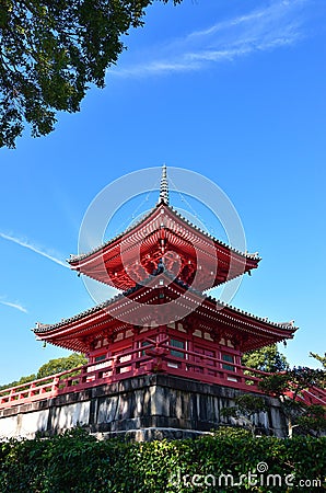 Vermilion pagoda of Daikakuji temple, Kyoto Japan Stock Photo