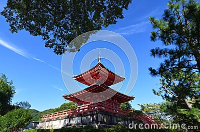 Vermilion pagoda of Daikakuji temple, Kyoto Japan Stock Photo