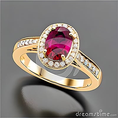 Vermilion Ruby diamonds rows elegant gold ring Stock Photo