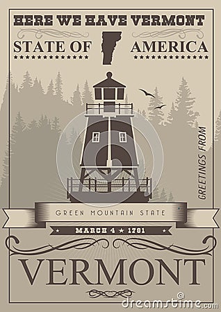 Vermont american poster. USA travel illustration. United States of America card. Mono color style Cartoon Illustration