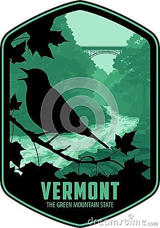 Vermont vector label with Hermit thrush near Quechee Gorge Bridge Vector Illustration