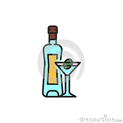 Vermouth bottle and glass color line icon. Alcoholic beverages. Vector Illustration