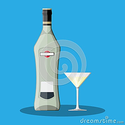 Vermouth bottle with glass. Vermouth alcohol drink Vector Illustration