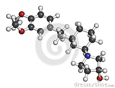 Vernakalant atrial fibrillation drug molecule. 3D rendering. Atoms are represented as spheres with conventional color coding:. Stock Photo