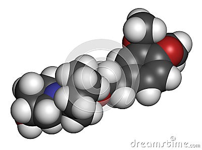 Vernakalant atrial fibrillation drug molecule. 3D rendering. Atoms are represented as spheres with conventional color coding:. Stock Photo