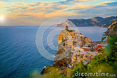Vernazza, Colorful cityscape on the mountains over Mediterranean sea in Cinque Terre Italy Stock Photo