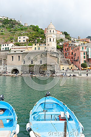 Close-up of quaint European style fishing boats with outboard motor moored in Cinque Terre traditional fishing village Editorial Stock Photo