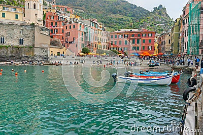 Quaint European boats moored or tied up in Cinque Terre fishing village Editorial Stock Photo