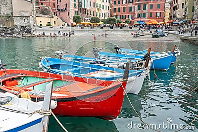 Quaint European boats moored or tied up in Cinque Terre fishing village Editorial Stock Photo