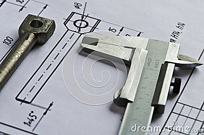 Vernier caliper, detail, drawing- 2 Stock Photo