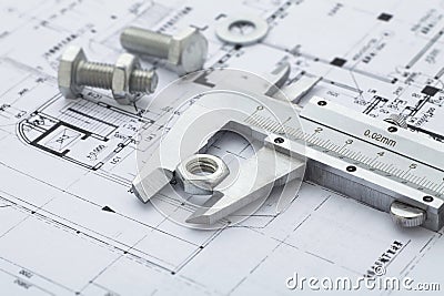 vernier calipers measuring metal nut Stock Photo