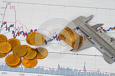 vernier measuring money coin on business chart ,business Stock Photo