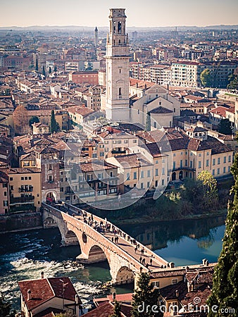 Verona Cathedral and stone bridge aerial view. Stock Photo