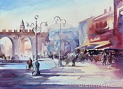 Verona city central square watercolor painting Stock Photo