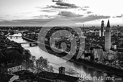 Aerial view of famous touristic city Verona in Italy at sunset. Black and white Stock Photo