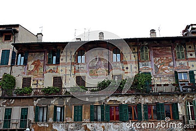 Ancient decorated palace in Piazza delle Erbe in Verona Editorial Stock Photo