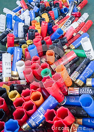 Empty cartridges collected in a skeet shooting range. Editorial Stock Photo