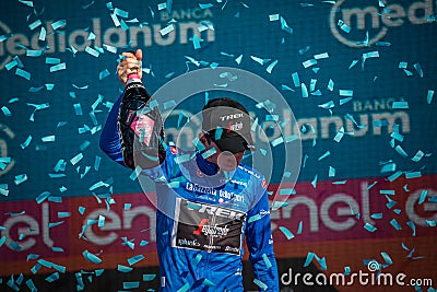 Verona, Italy June 2, 2019: Giulio Ciccone, Trek Team, in the blue jersey celebrates the victory of the climbers classification Editorial Stock Photo