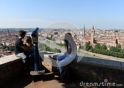 Verona, Italy June 07, 2017: People near Castel San Pietro and V Editorial Stock Photo