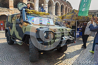 Iveco LMV Light Multirole Vehicle is a 4WD tactical vehicle developed by Iveco at open military exhibition in Verona. Italy Editorial Stock Photo