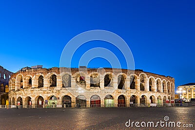 Verona, Italy - September, 2017: Ancient roman amphitheatre Arena in Verona, Italy at night blue hour sunrise Editorial Stock Photo