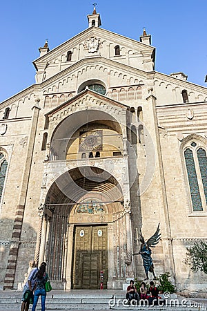 The main fasade of the Duomo Cattedrale di S. Maria Matricolare cathedral in Verona, Italy Editorial Stock Photo