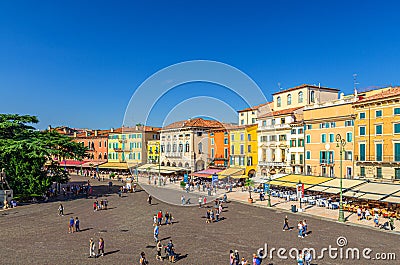 Piazza Bra square aerial view in historical city centre with row of old colorful multicolored buildings Editorial Stock Photo