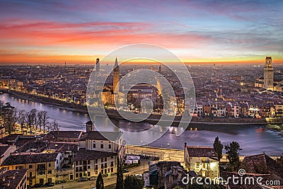 Verona, Italy Skyline on the Adige River Editorial Stock Photo