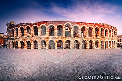 Verona, Italy. Twilight view of Piazza Bra with Arena, Roman Empire heritage Stock Photo