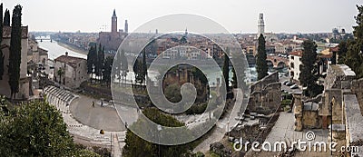 VERONA, VENETO, ITALY - February 15, 2019 Fisheye panoramic view of Verona city, merge of 2 photos Editorial Stock Photo