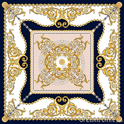 Versace Style Pattern Ready for Textile. Scarf Design for Silk Print. Golden Baroque with Chains on White Background. Stock Photo