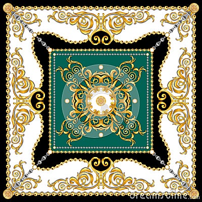 Versace Style Pattern Ready for Textile. Scarf Design for Silk Print. Golden Baroque with Chains on White and Green Background. Stock Photo