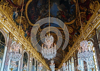 Ceiling of the Hall of Mirrors in the palace of Versailles - France Editorial Stock Photo