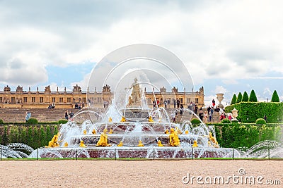 VERSAILLES, FRANCE- JULY 02, 2016 : Latona Fountain Pool, opposite the main building of the Palace of Versailles, created by Sun Editorial Stock Photo